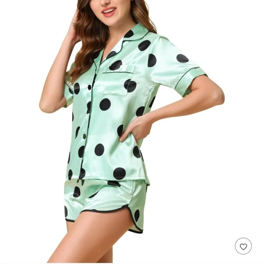 Cheibear Polka Dot Satin Pajama Set - Mint Green and Black